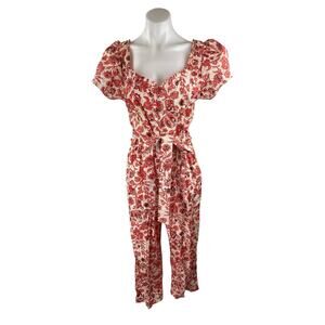 Find Me Now Red Floral Short Puff Sleeve Smocked Tie Waist Crop Jumpsuit Size M